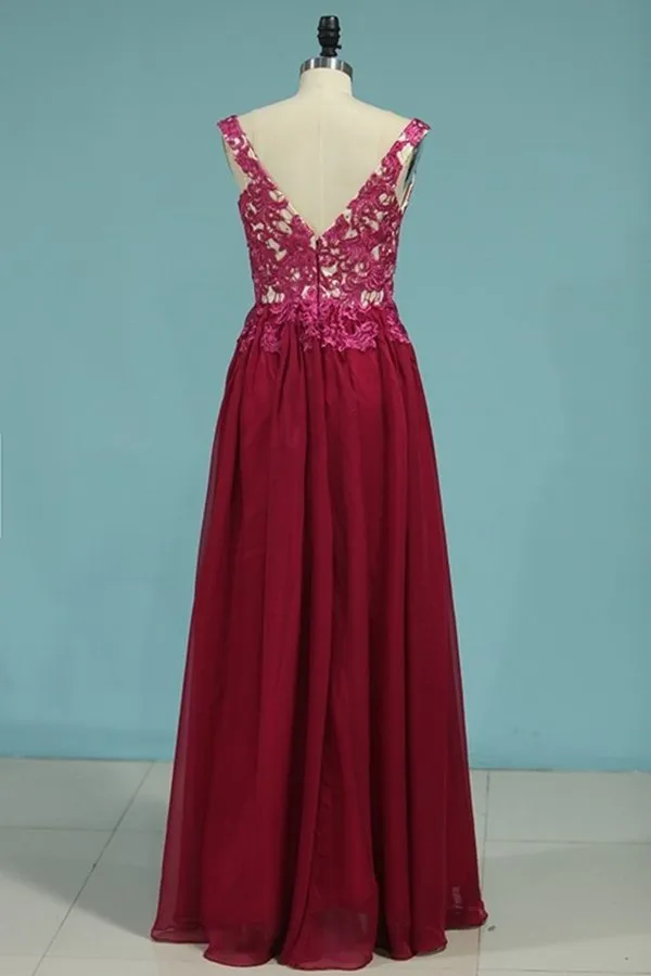 2024 Prom Dresses V Neck 30D Chiffon With Applique Sweep PSSLT5BM