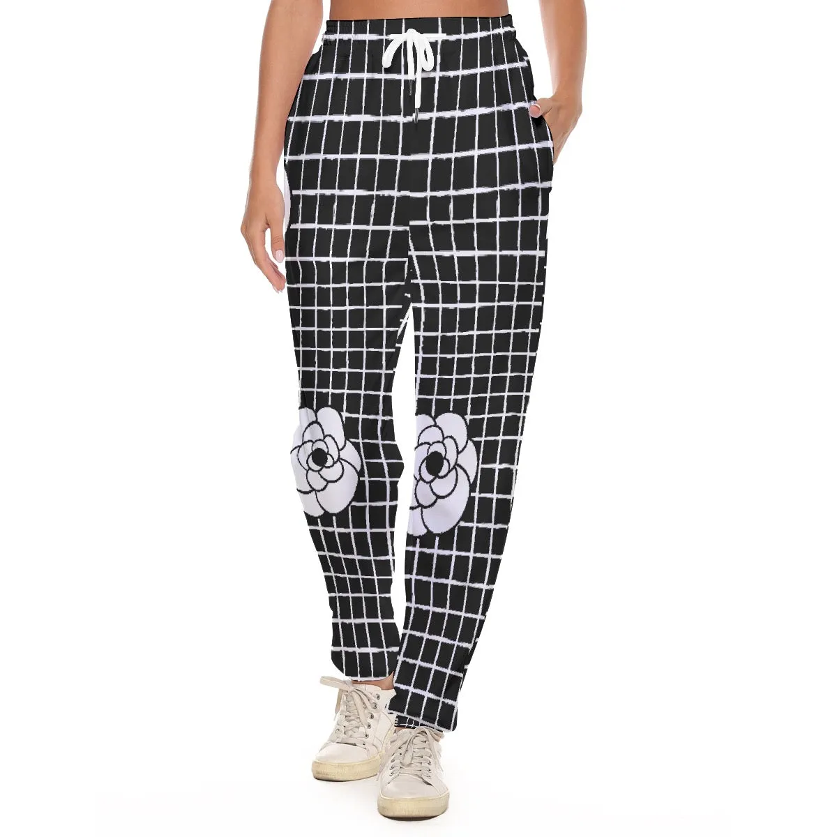 All-Over Print Women's Casual Pants 227 black and white flower print