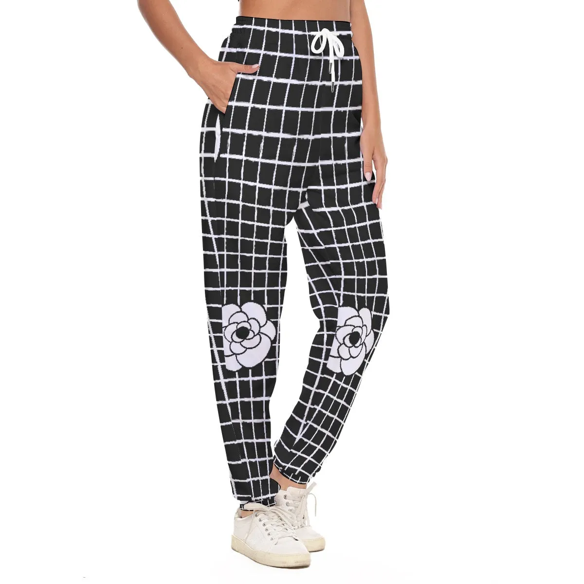 All-Over Print Women's Casual Pants 227 black and white flower print