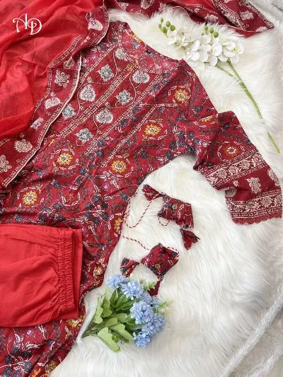 Brick Red Cotton Hand Embroidered Printed Anarkali Suit Set