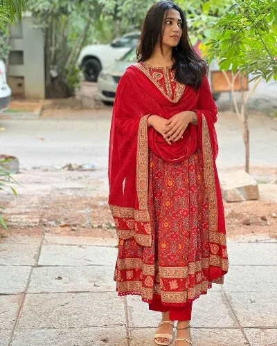 Brick Red Cotton Hand Embroidered Printed Anarkali Suit Set