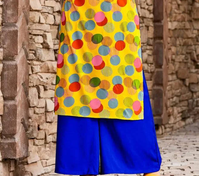 Classy Yellow Colored Colorful Circles Printed Cotton Kurti