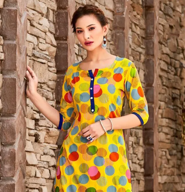 Classy Yellow Colored Colorful Circles Printed Cotton Kurti