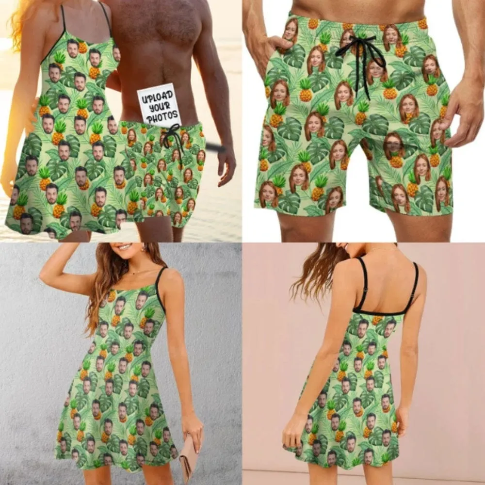 Custom Funny Face Couple Matching Beachwear Personalized Suspenders Beach Dress&Swim Shorts