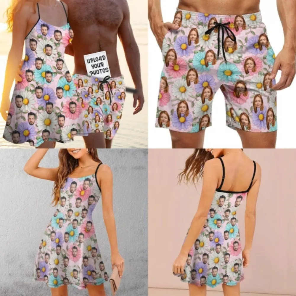 Custom Funny Face Couple Matching Beachwear Personalized Suspenders Beach Dress&Swim Shorts