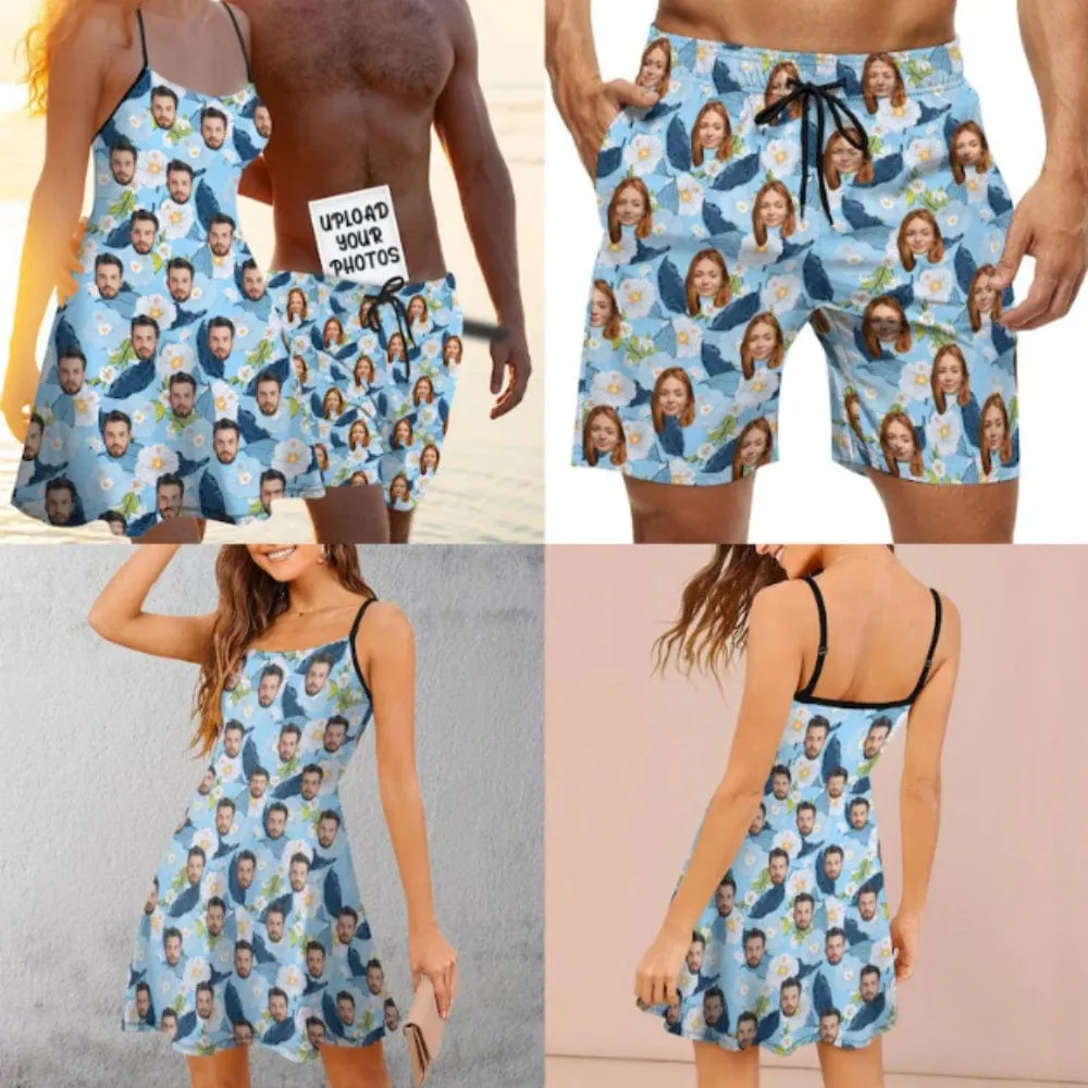 Custom Funny Face Couple Matching Beachwear Personalized Suspenders Beach Dress&Swim Shorts