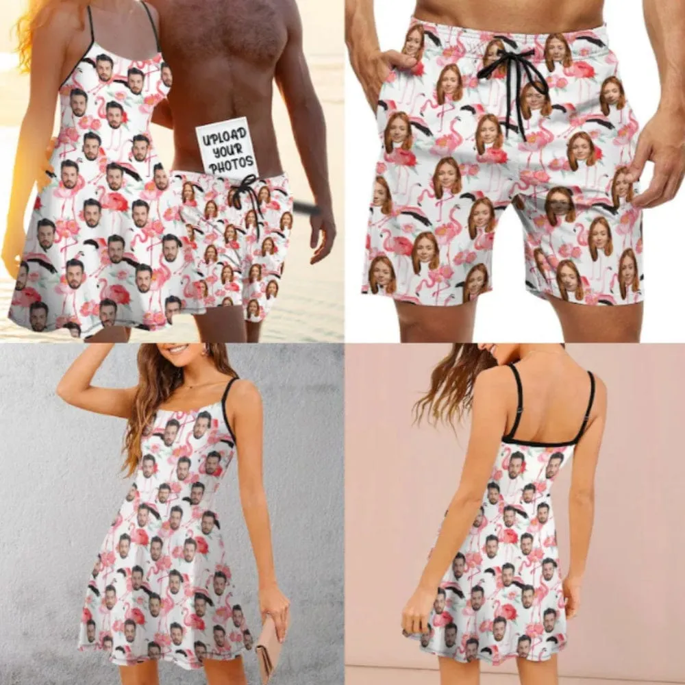 Custom Funny Face Couple Matching Beachwear Personalized Suspenders Beach Dress&Swim Shorts