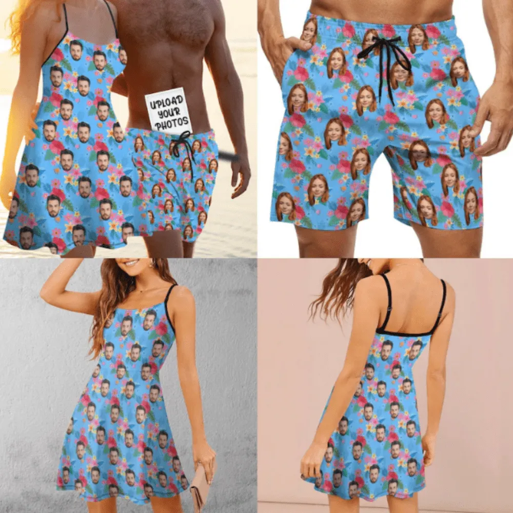 Custom Funny Face Couple Matching Beachwear Personalized Suspenders Beach Dress&Swim Shorts