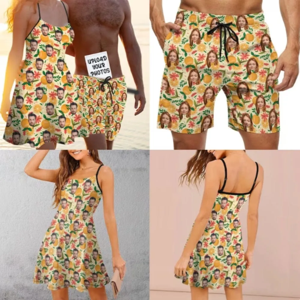 Custom Funny Face Couple Matching Beachwear Personalized Suspenders Beach Dress&Swim Shorts