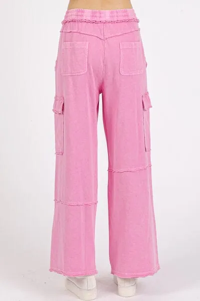 Mittoshop Mineral Wash Elastic Waist Cargo Wide Leg Pants