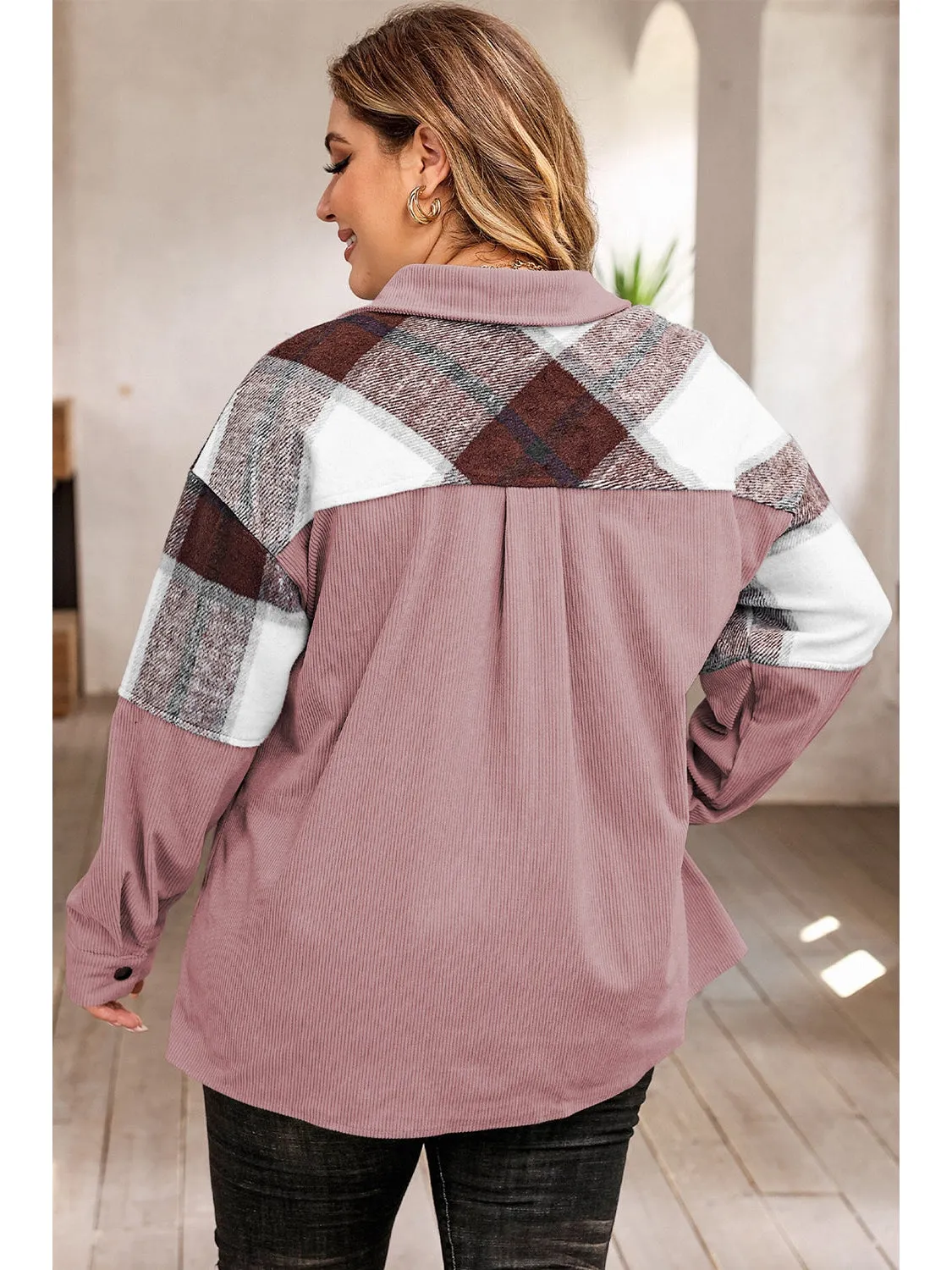 Plus Size Women Plaid Snap Down Jacket with Pockets