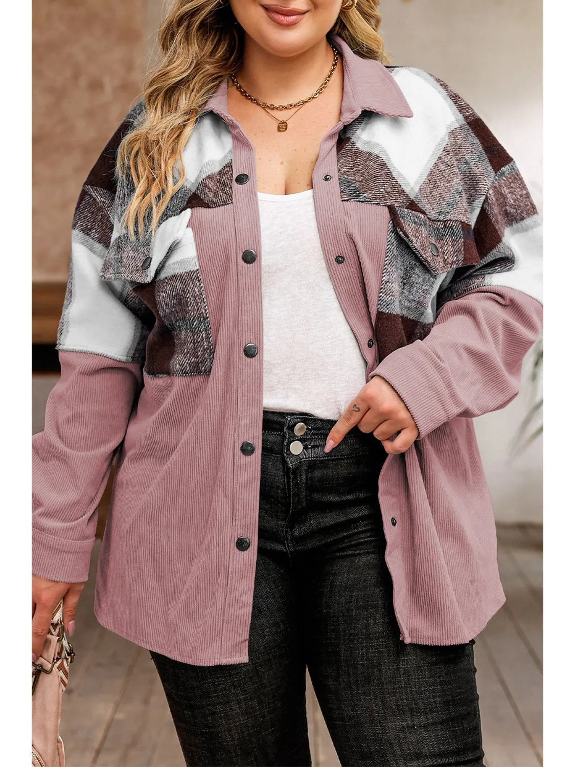 Plus Size Women Plaid Snap Down Jacket with Pockets