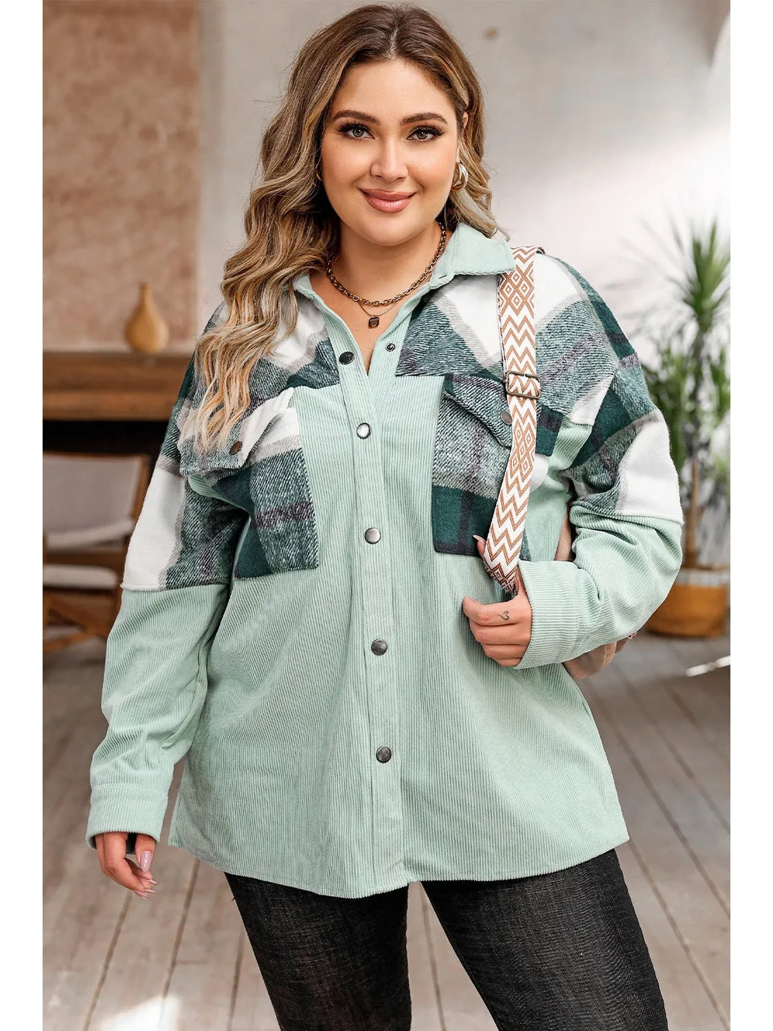 Plus Size Women Plaid Snap Down Jacket with Pockets