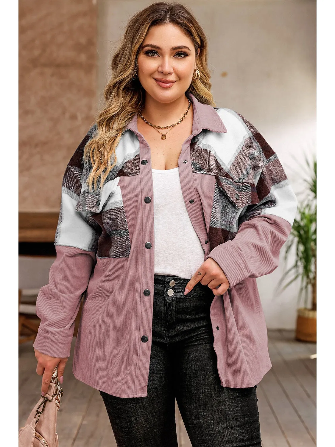 Plus Size Women Plaid Snap Down Jacket with Pockets