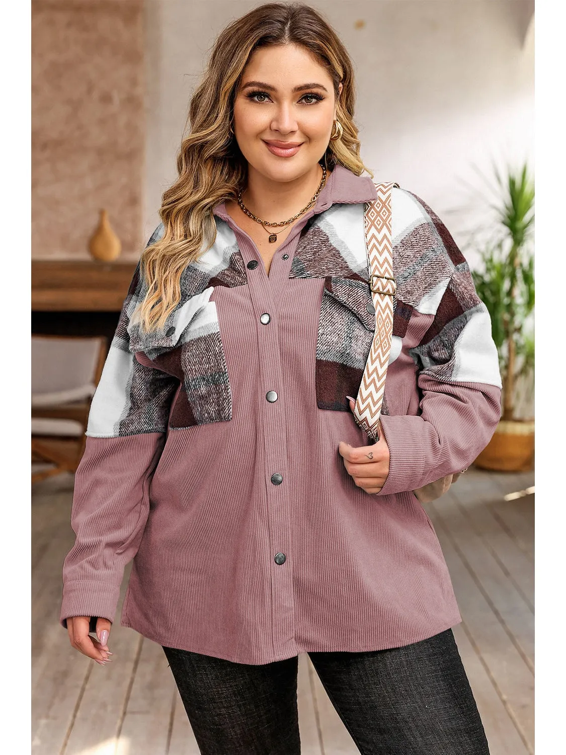 Plus Size Women Plaid Snap Down Jacket with Pockets