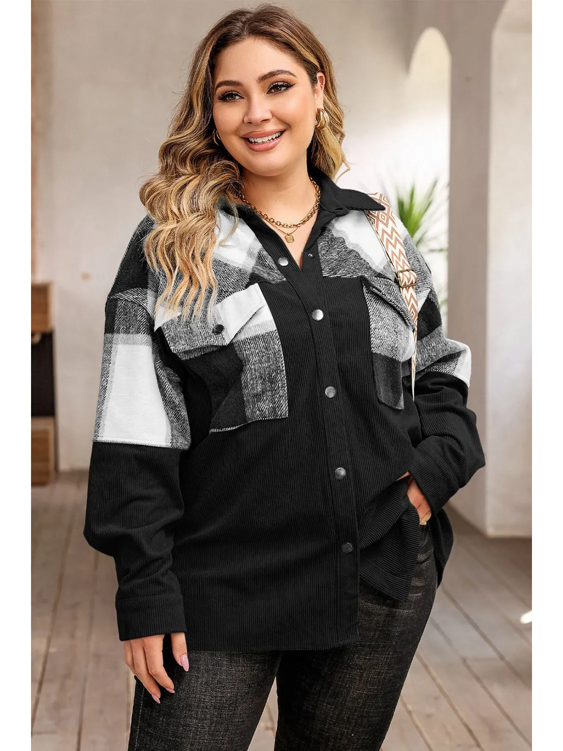 Plus Size Women Plaid Snap Down Jacket with Pockets