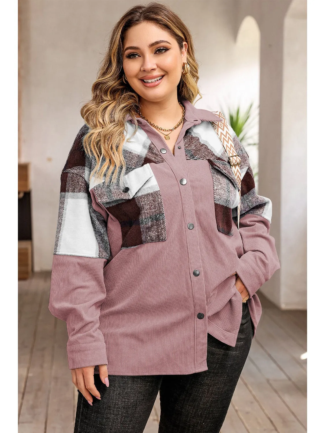 Plus Size Women Plaid Snap Down Jacket with Pockets