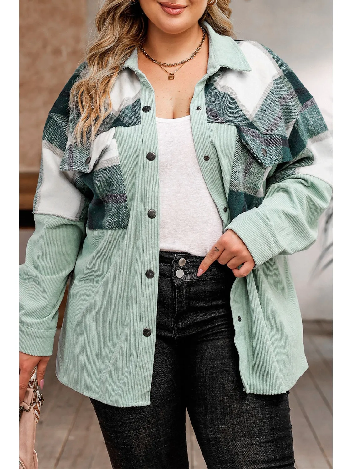 Plus Size Women Plaid Snap Down Jacket with Pockets