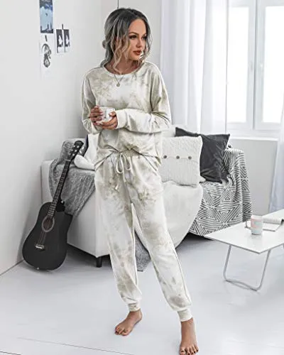 PRETTYGARDEN Women's Tie Dye Two Piece Tracksuit Set Long Sleeve Sweatshirt with Long Pants (Grey,X-Large)