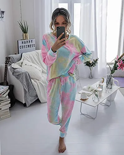 PRETTYGARDEN Women's Tie Dye Two Piece Tracksuit Set Long Sleeve Sweatshirt with Long Pants (Grey,X-Large)